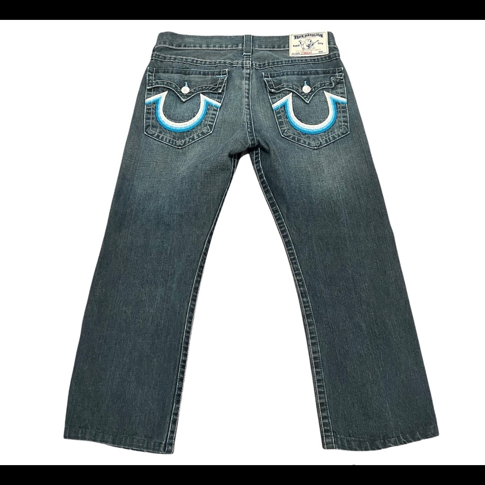True Religion Men’s Straight Blue Denim Jeans Sz 34 Embroidered Logo Flap Pocket
